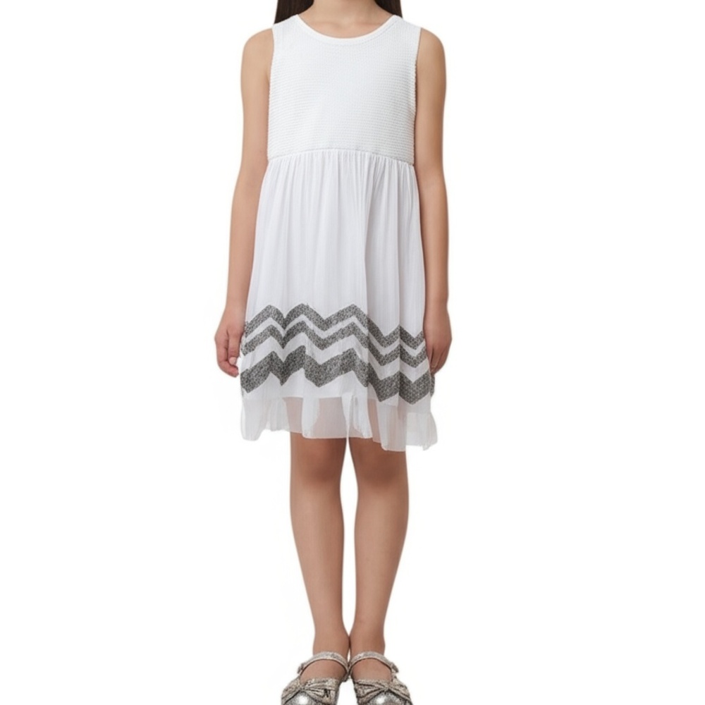 Knitworks Girls‎ Dress 16 White Silver Sequins Chevron Sleeveless Festive Formal